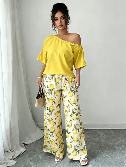 Women Summer Casual Solid Color Asymmetrical Shoulder Top And Floral Print Pants Set