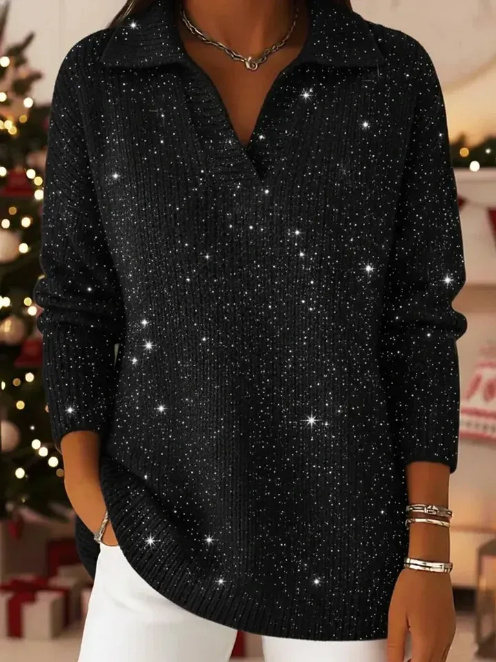 🎄 New Arrivals🔥 Christmas Party Polo Collar Shiny Loose Sweater Top