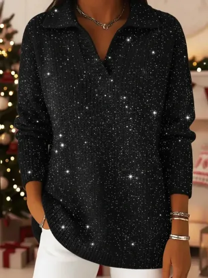 🎄 New Arrivals🔥 Christmas Party Polo Collar Shiny Loose Sweater Top