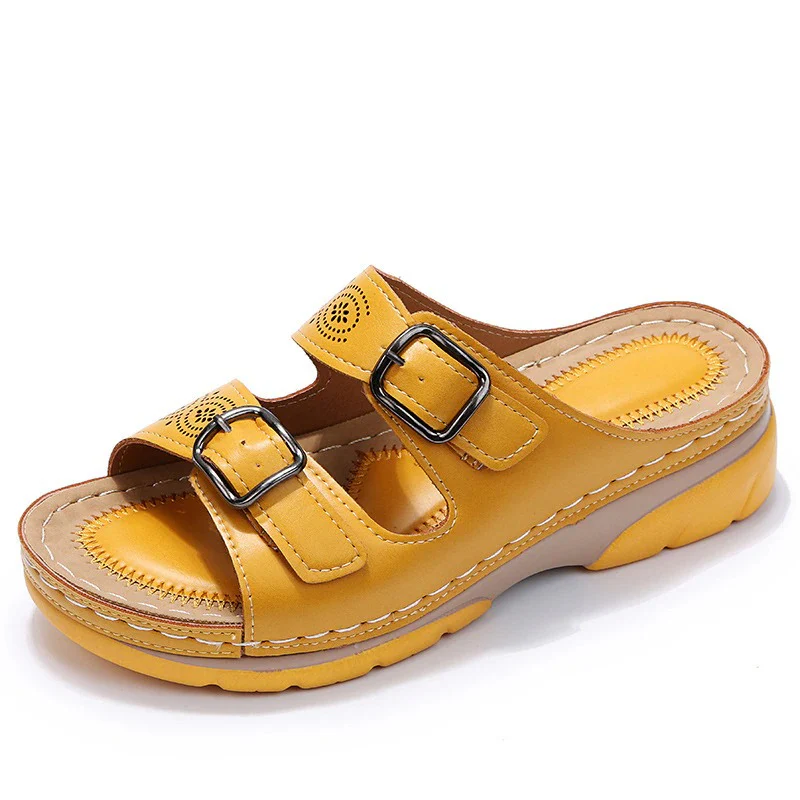 🔥 Last Day: 50% OFF 🔥 Orthopedic Genuine Leather Platform Slides — Double-Buckle Cutout Design