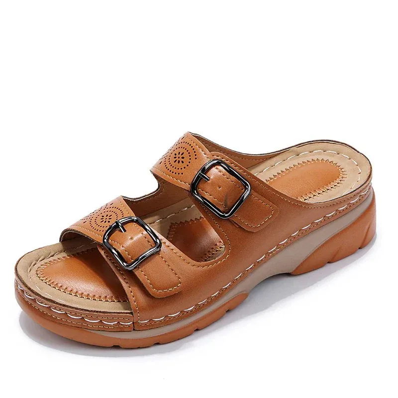 🔥 Last Day: 50% OFF 🔥 Orthopedic Genuine Leather Platform Slides — Double-Buckle Cutout Design