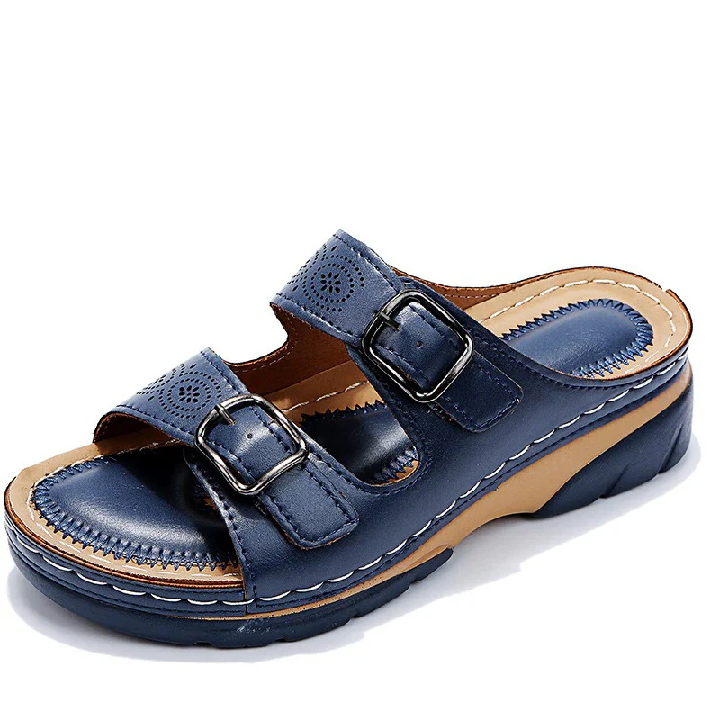 🔥 Last Day: 50% OFF 🔥 Orthopedic Genuine Leather Platform Slides — Double-Buckle Cutout Design