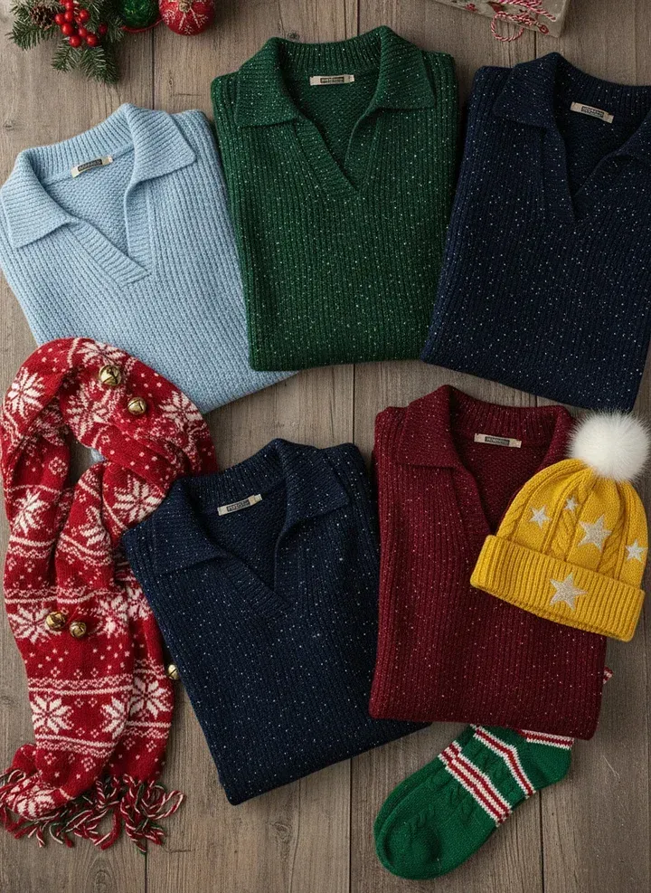 🎄 New Arrivals🔥 Christmas Party Polo Collar Shiny Loose Sweater Top
