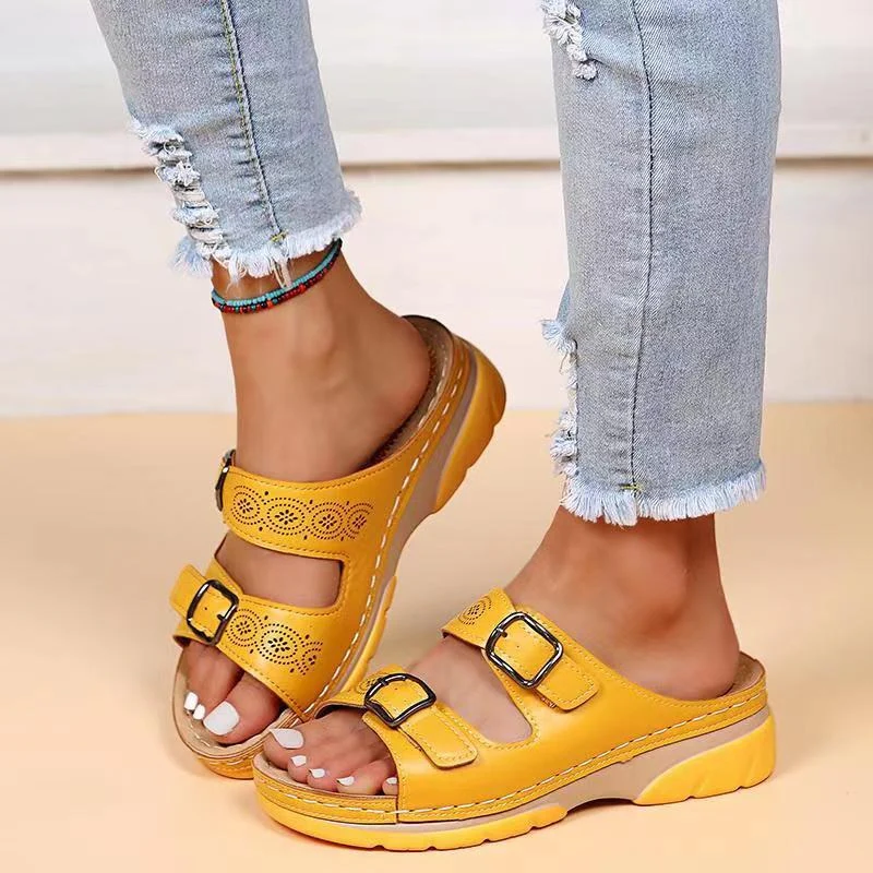 🔥 Last Day: 50% OFF 🔥 Orthopedic Genuine Leather Platform Slides — Double-Buckle Cutout Design