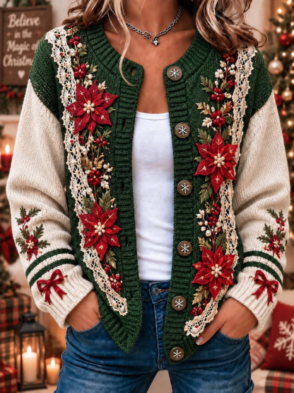 Women's Christmas Animal Retro Art Print Knitted Casual Sweater