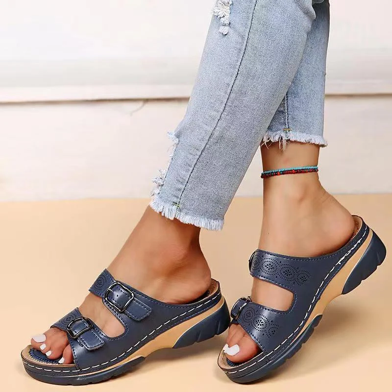 🔥 Last Day: 50% OFF 🔥 Orthopedic Genuine Leather Platform Slides — Double-Buckle Cutout Design