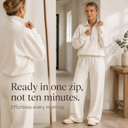 Warm and Flattering Half-Zip Collar Lounge Set with Wide-Leg Pants