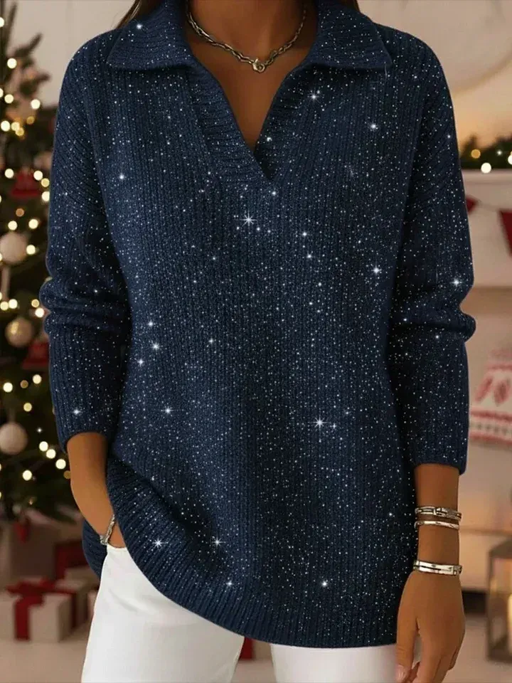 🎄 New Arrivals🔥 Christmas Party Polo Collar Shiny Loose Sweater Top