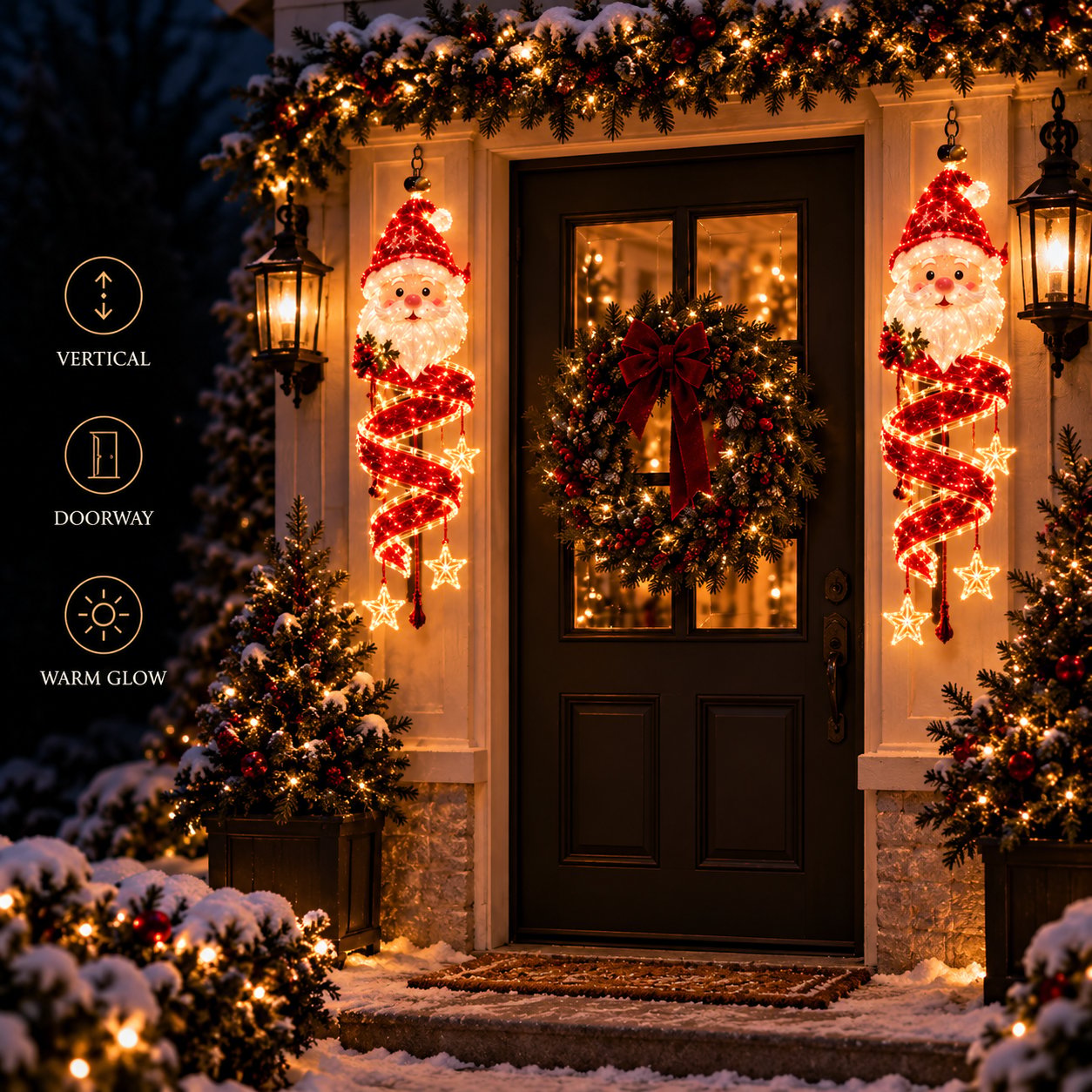 Two glowing Santa Spiral lights framing a decorated front doorway