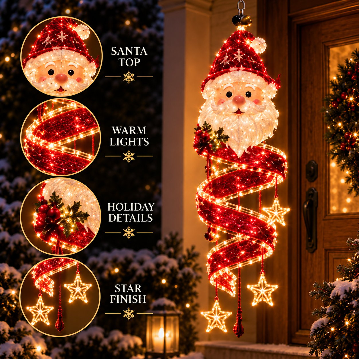 Close-up details of the Santa top, warm lights, holiday greenery and hanging star finish