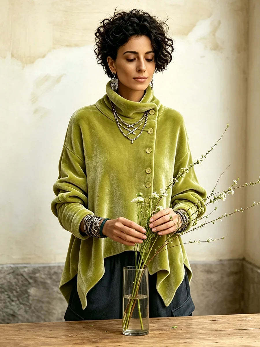 🤲LAST DAY SAVE 49% 🐆Purple Velvet Floral Rose Top – Asymmetrical Button & Cowl Neck