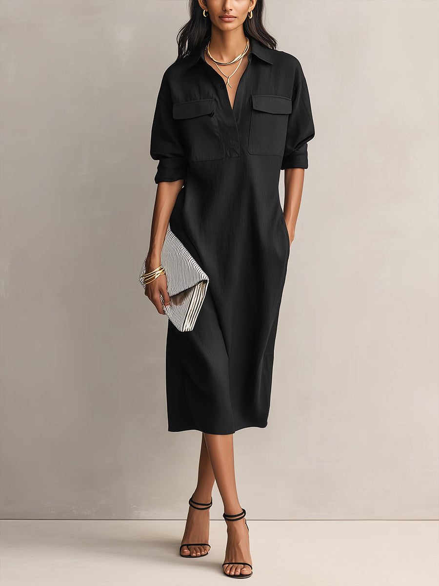 Women's Solid Color Lapel Collar Long Sleeve Casual Loose Cotton Linen Dress