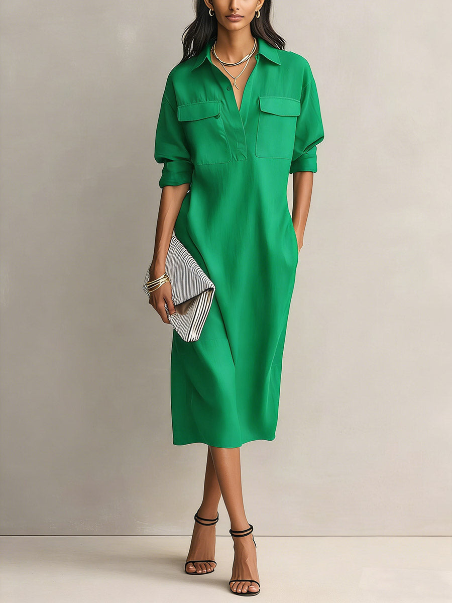 Women's Solid Color Lapel Collar Long Sleeve Casual Loose Cotton Linen Dress