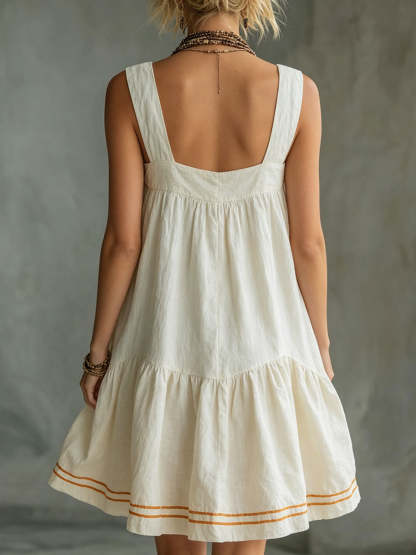 Women's Retro-casual Embossed Off-white Cotton-linen Mini Skirt