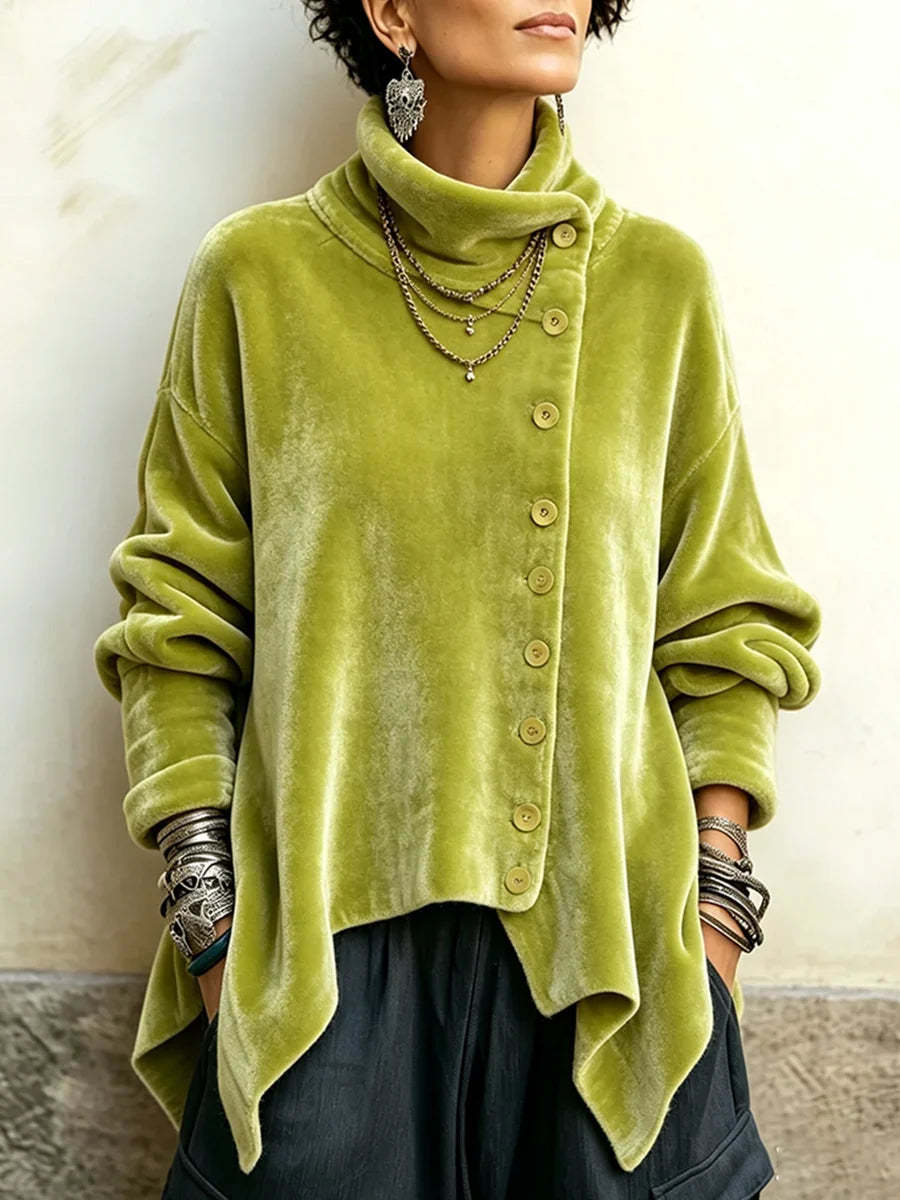 🤲LAST DAY SAVE 49% 🐆Purple Velvet Floral Rose Top – Asymmetrical Button & Cowl Neck