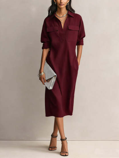 Women's Solid Color Lapel Collar Long Sleeve Casual Loose Cotton Linen Dress
