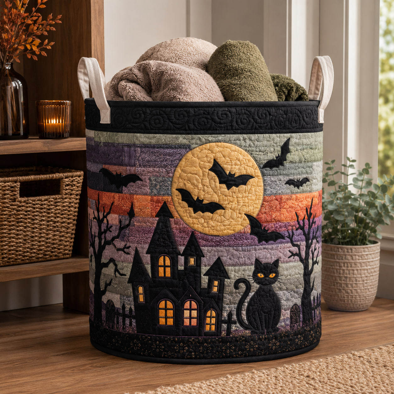 Halloween Haunted House Quilted Laundry Basket, Black Cat Moon Storage Bin, Bat Pumpkin Fabric Hamper, Spooky Fall Organizer