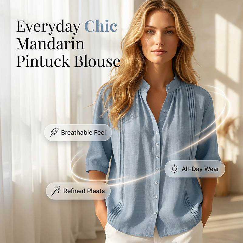 🔥New Arrivals & Special Offers-Women's Casual Mandarin Collar Pintuck Top
