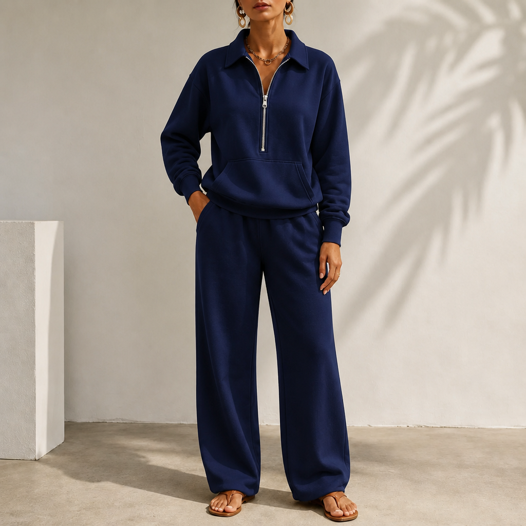 Warm and Flattering Half-Zip Collar Lounge Set with Wide-Leg Pants