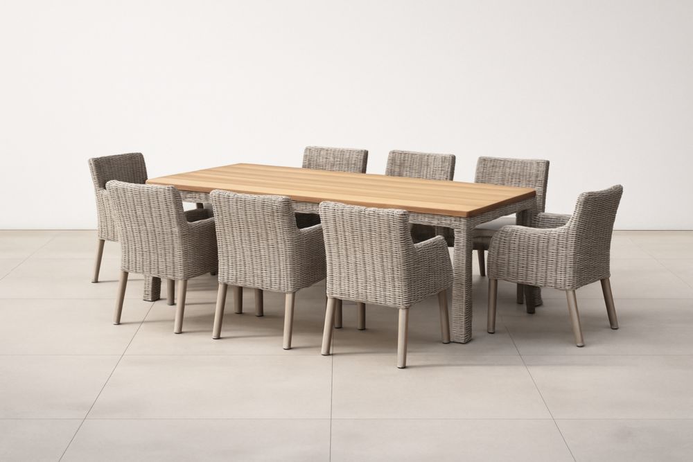 Table rectangulaire en bois d'acacia et 8 chaises en rotin tressé