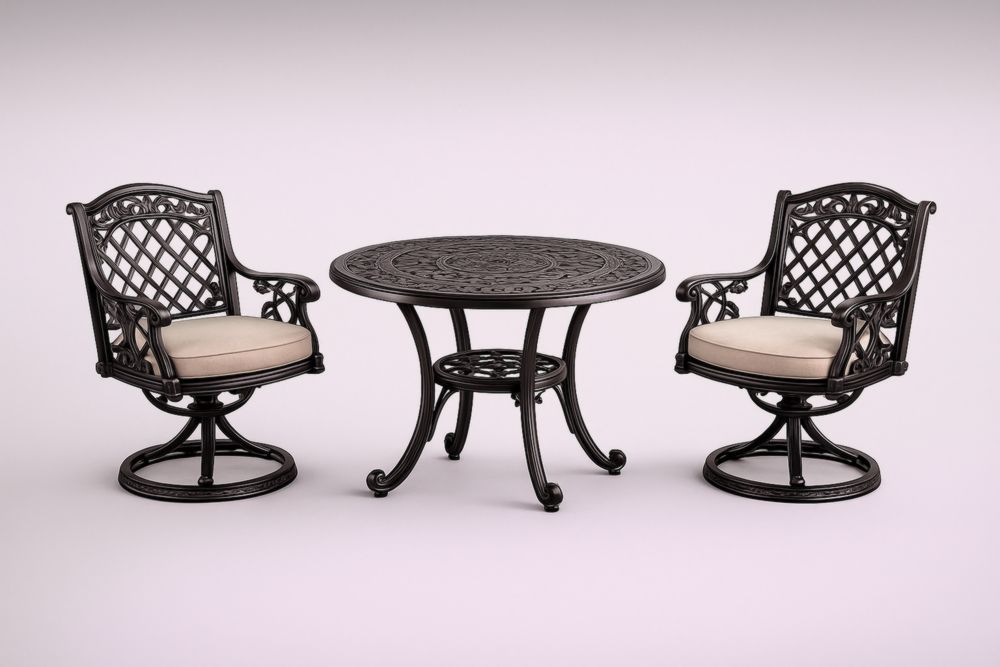 Ensemble de salle à manger extérieur en aluminium avec table ronde et 2 fauteuils pivotants coussins beige