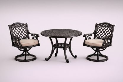 Ensemble de salle à manger extérieur en aluminium avec table ronde et 2 fauteuils pivotants coussins beige