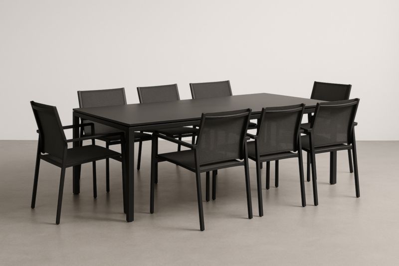 Ensemble table en aluminium noir avec 8 chaises en textile