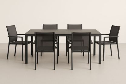 Table rectangulaire avec 6 chaises en aluminium et textilène noir