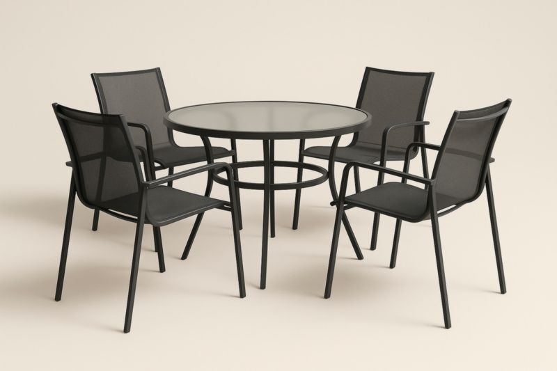 Ensemble de table à manger 5 pièces en acier noir et verre trempé pour jardin
