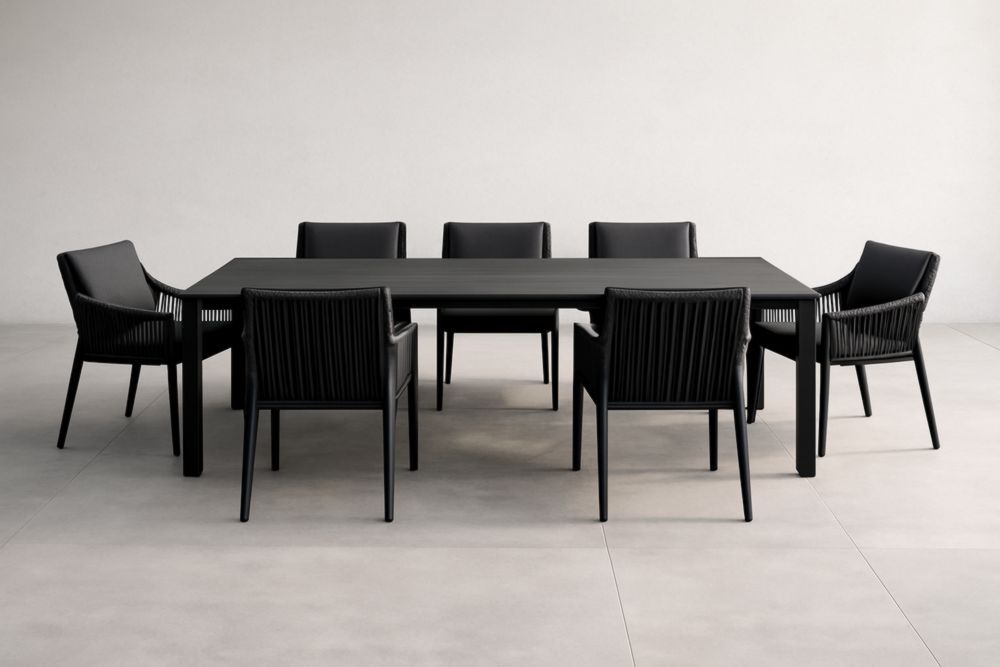 Table à manger rectangulaire en aluminium avec 7 chaises en cuir synthétique