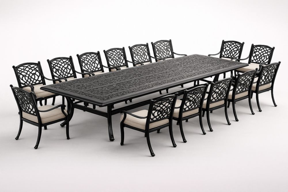 Table à manger extérieure en aluminium avec 14 chaises coussinées