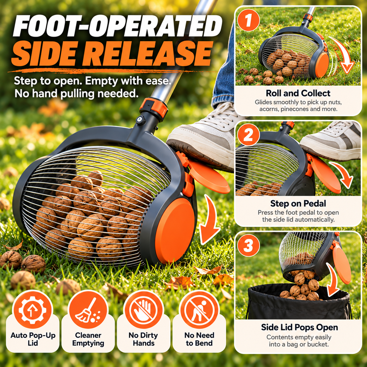 Telescoping Nut Gatherer with Foot-Operated Release