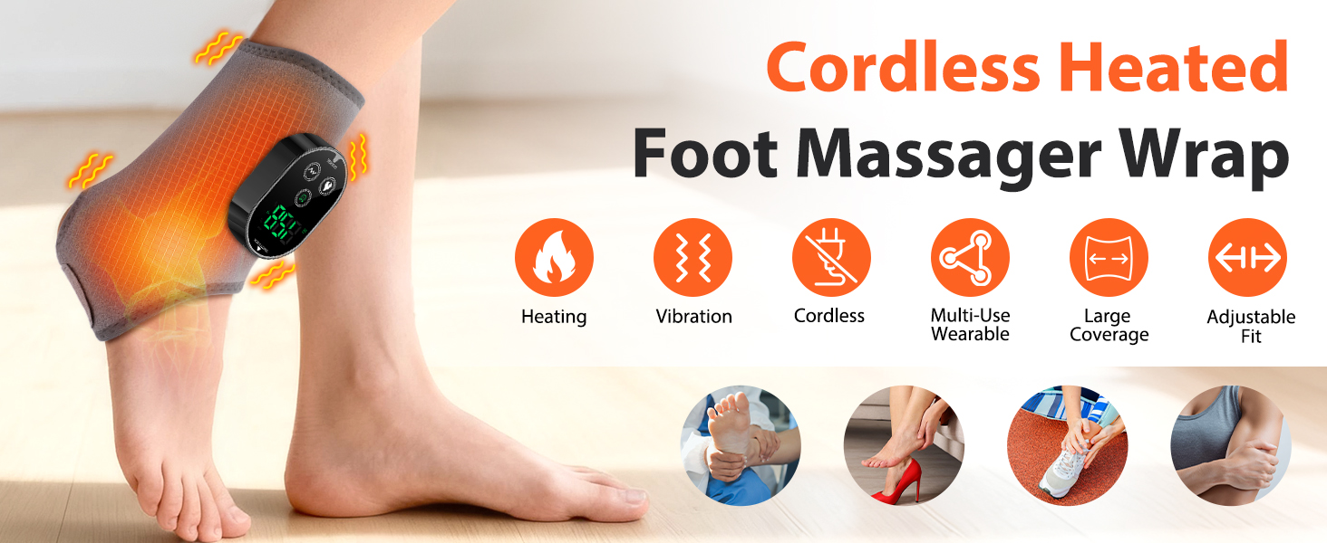 Cordless heated foot and ankle massager wrap with heating, vibration, cordless, multi-use