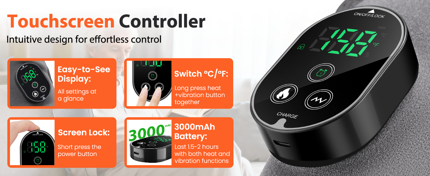 rechargeable foot massager with large easy-to-see display with heat and vibration combined