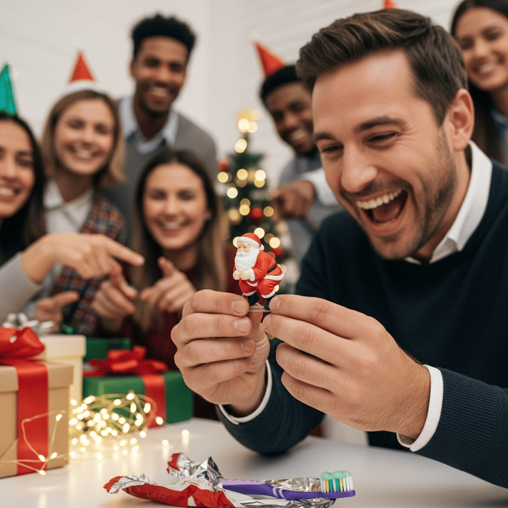 Man laughing at Santa gift during a party