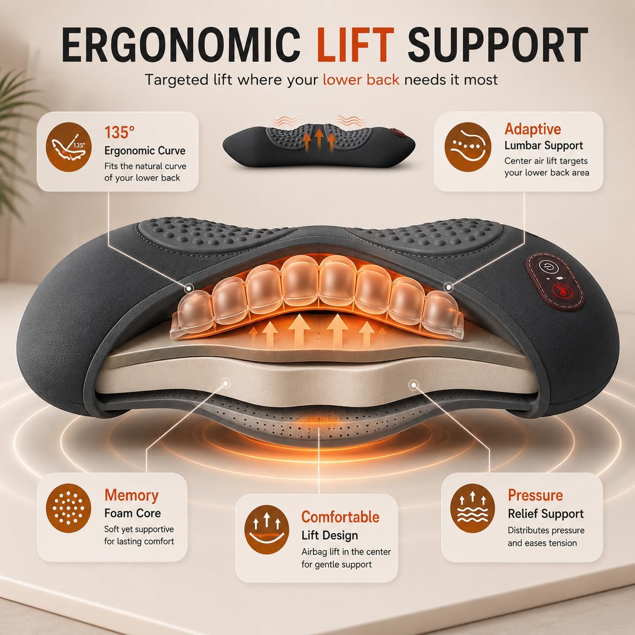 Cordless Lower Back Massager & Lumbar Support Pillow for Sciatica