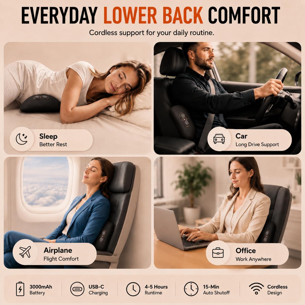 Cordless Lower Back Massager & Lumbar Support Pillow for Sciatica