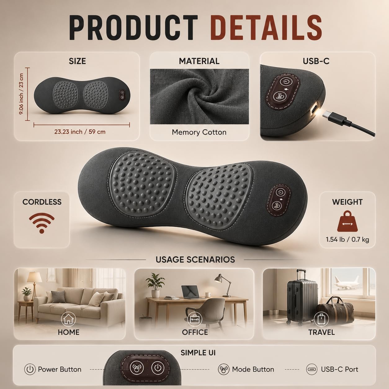 Cordless Lower Back Massager & Lumbar Support Pillow for Sciatica