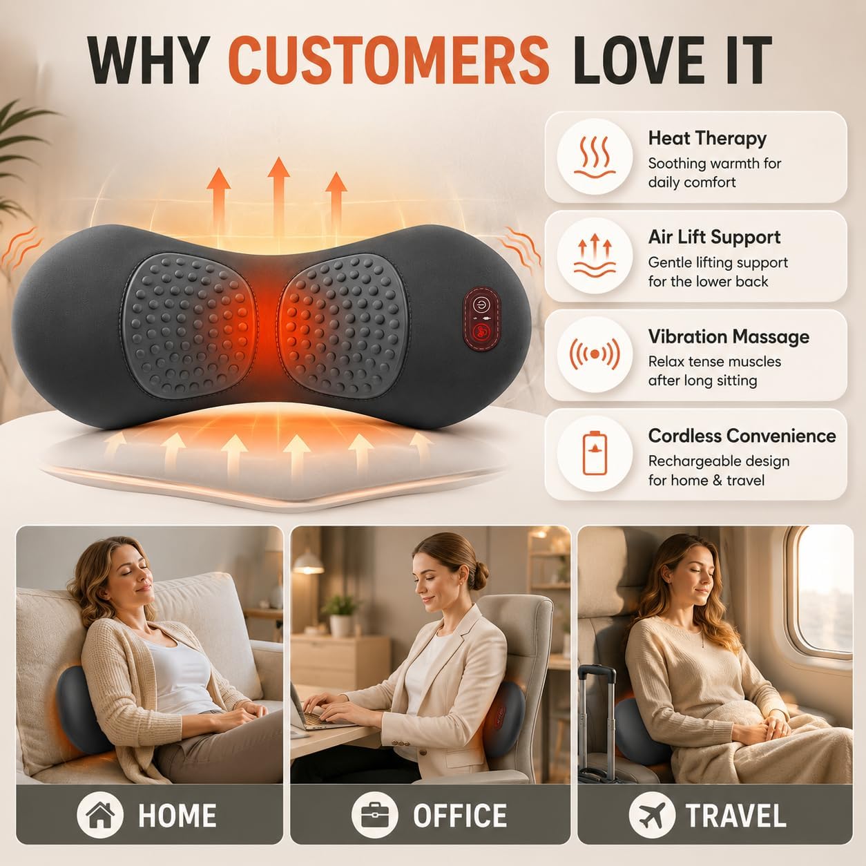 Cordless Lower Back Massager & Lumbar Support Pillow for Sciatica