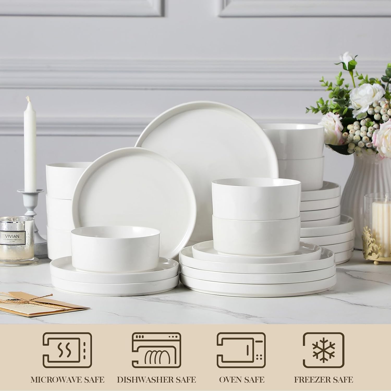 24 Piece Dinner Set White Porcelain Modern Service Set for 8 People, Premium Serving Plates and Bowls Chip and Scratch Resistant LEAH Series