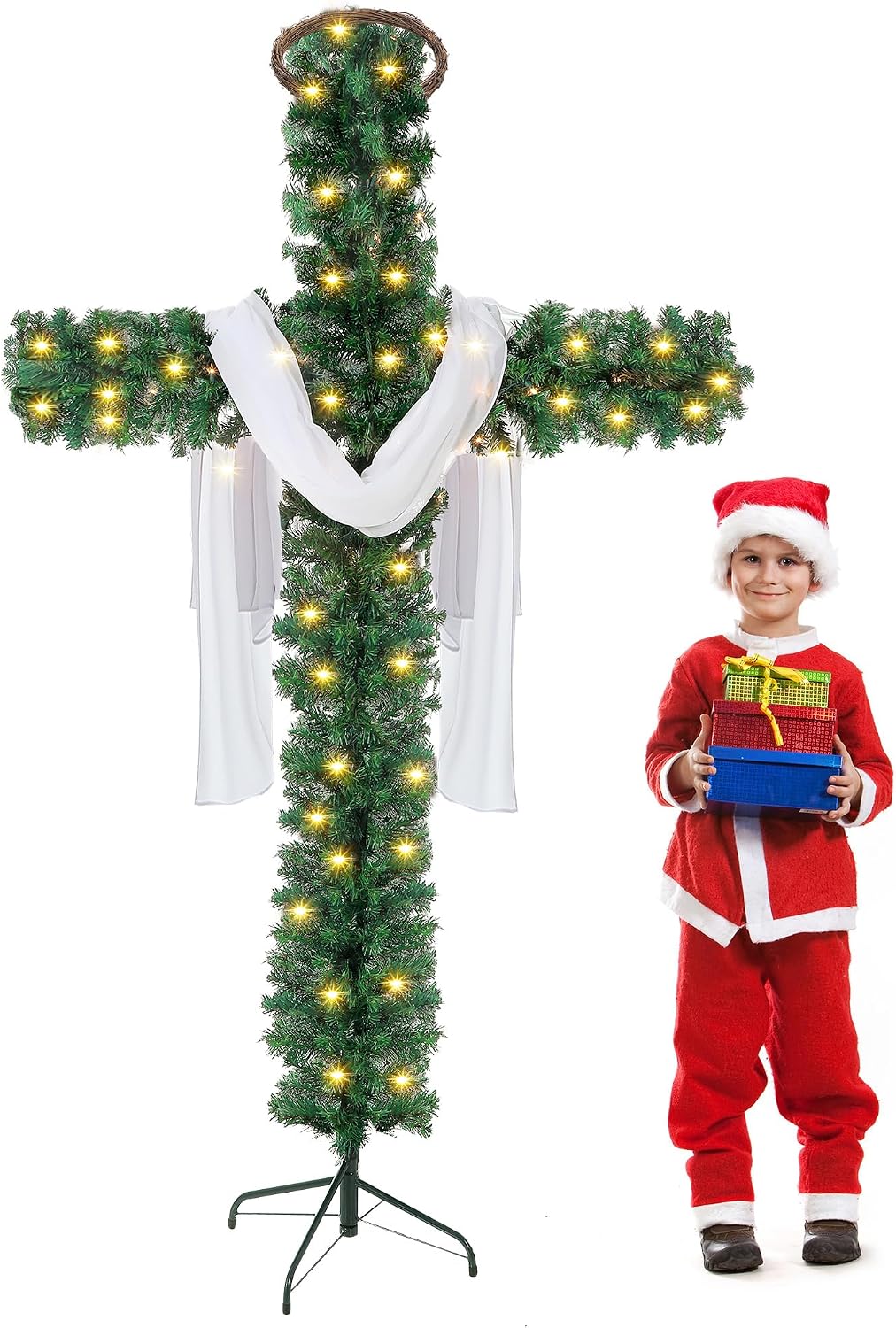 Leyndo 6 ft Cross Christmas Tree with Lights Prelit Artificial Xmas Tree