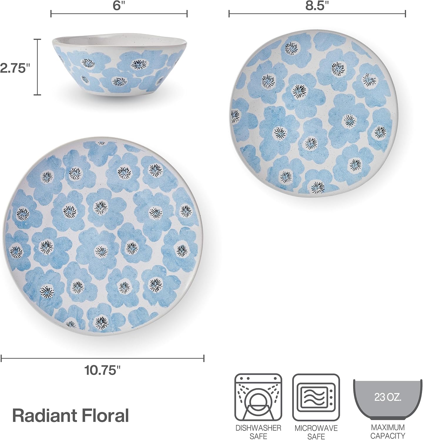 12 Piece Dinner Set for 4 with Plates and Bowls, Vibrant Floral Design