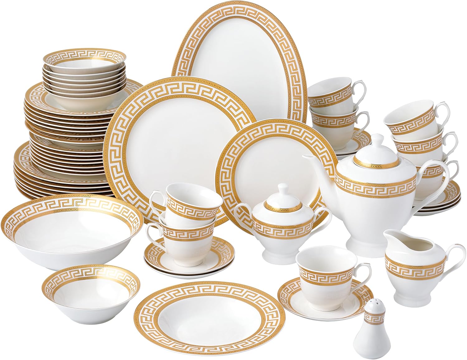 Collection 57-Piece Bone China Dinnerware Set, Service for 8, White and Golden Greek Key