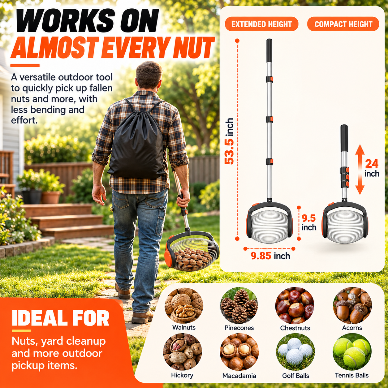 Telescoping Nut Gatherer with Foot-Operated Release
