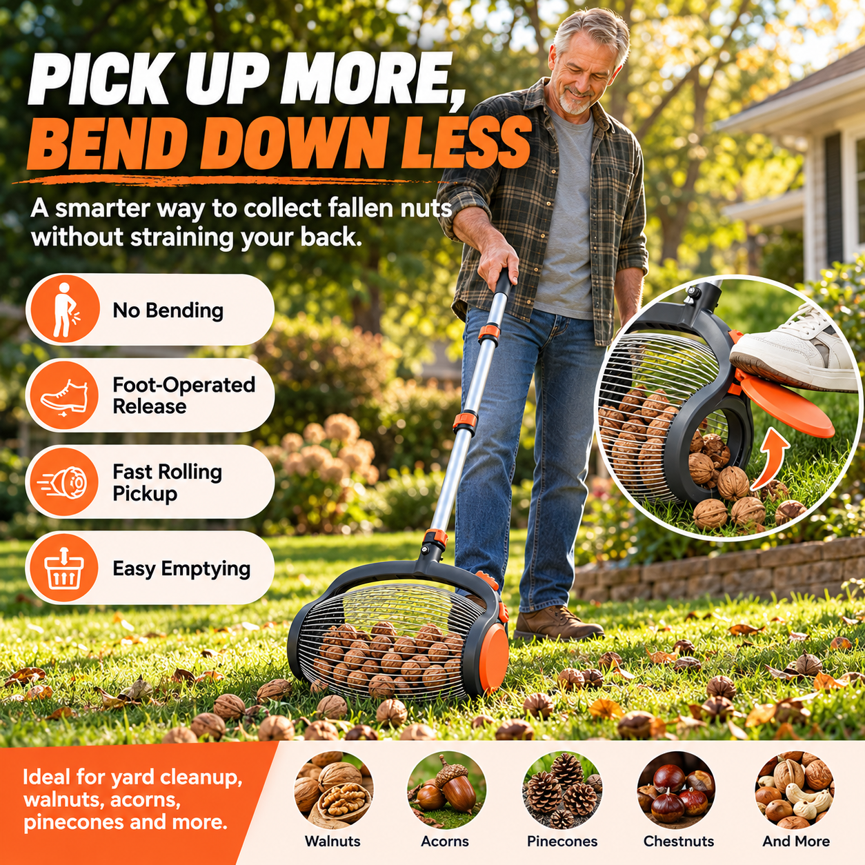 Telescoping Nut Gatherer with Foot-Operated Release