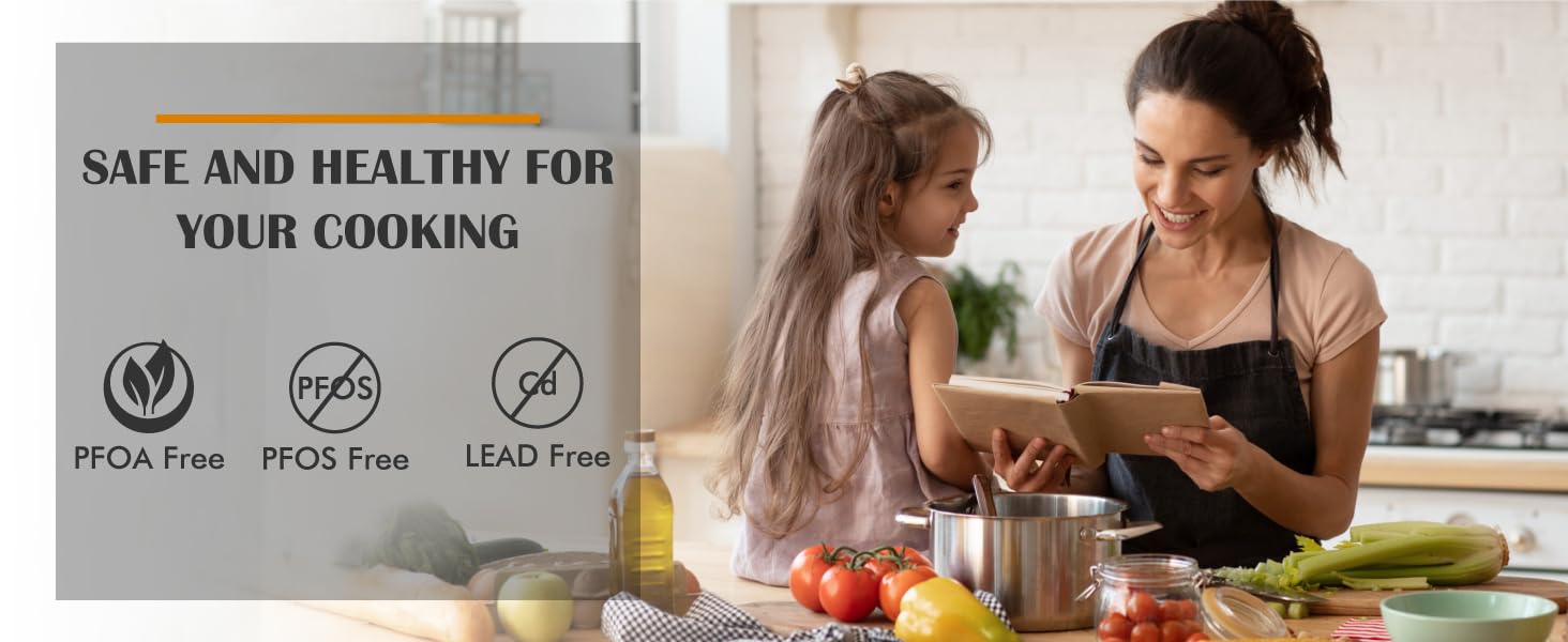 Produktwerbung für Küchenkochgeschirr, in der PFOA-freie, PFOS-freie und bleifreie Sicherheitsmerkmale hervorgehoben werden,