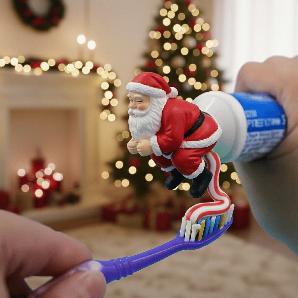 Santa toothpaste topper in action