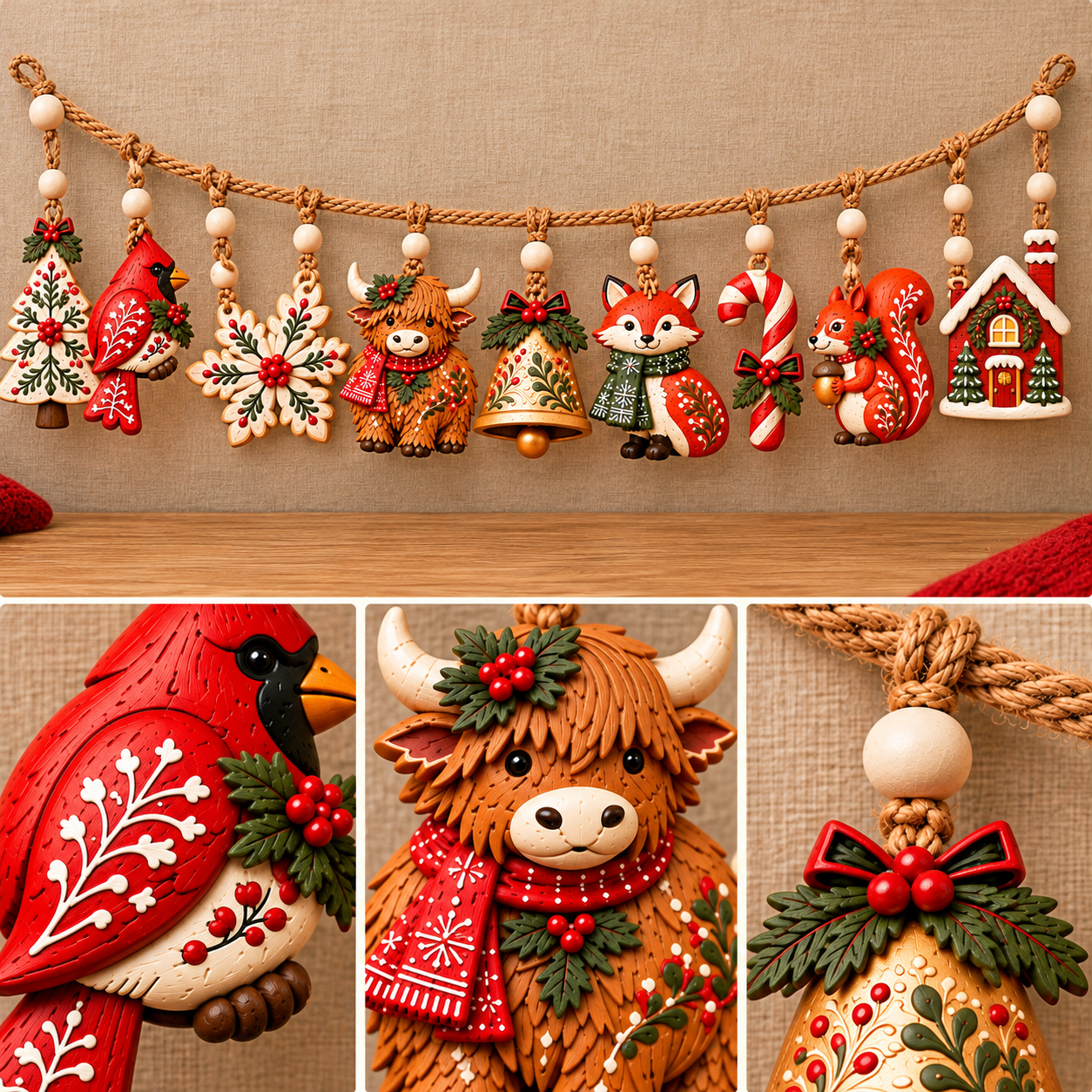 ✨🎄Christmas Woodland Garland Ornaments – Rustic Holiday Hanging Banner