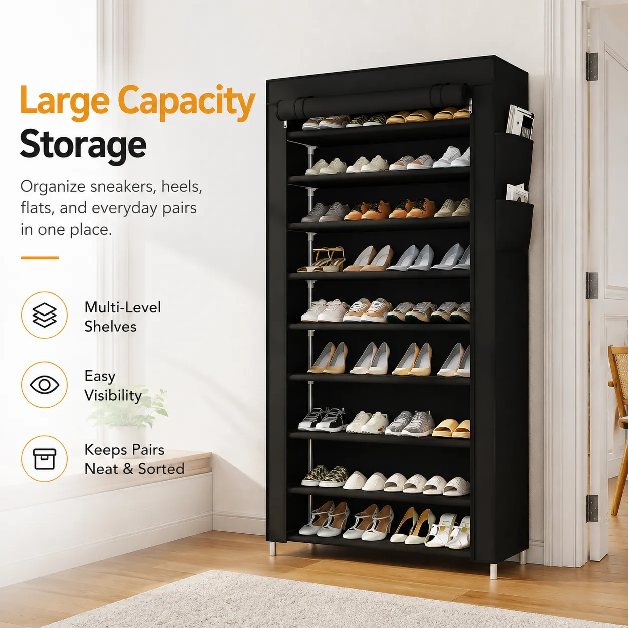 Space saving vertical shoe cabinet