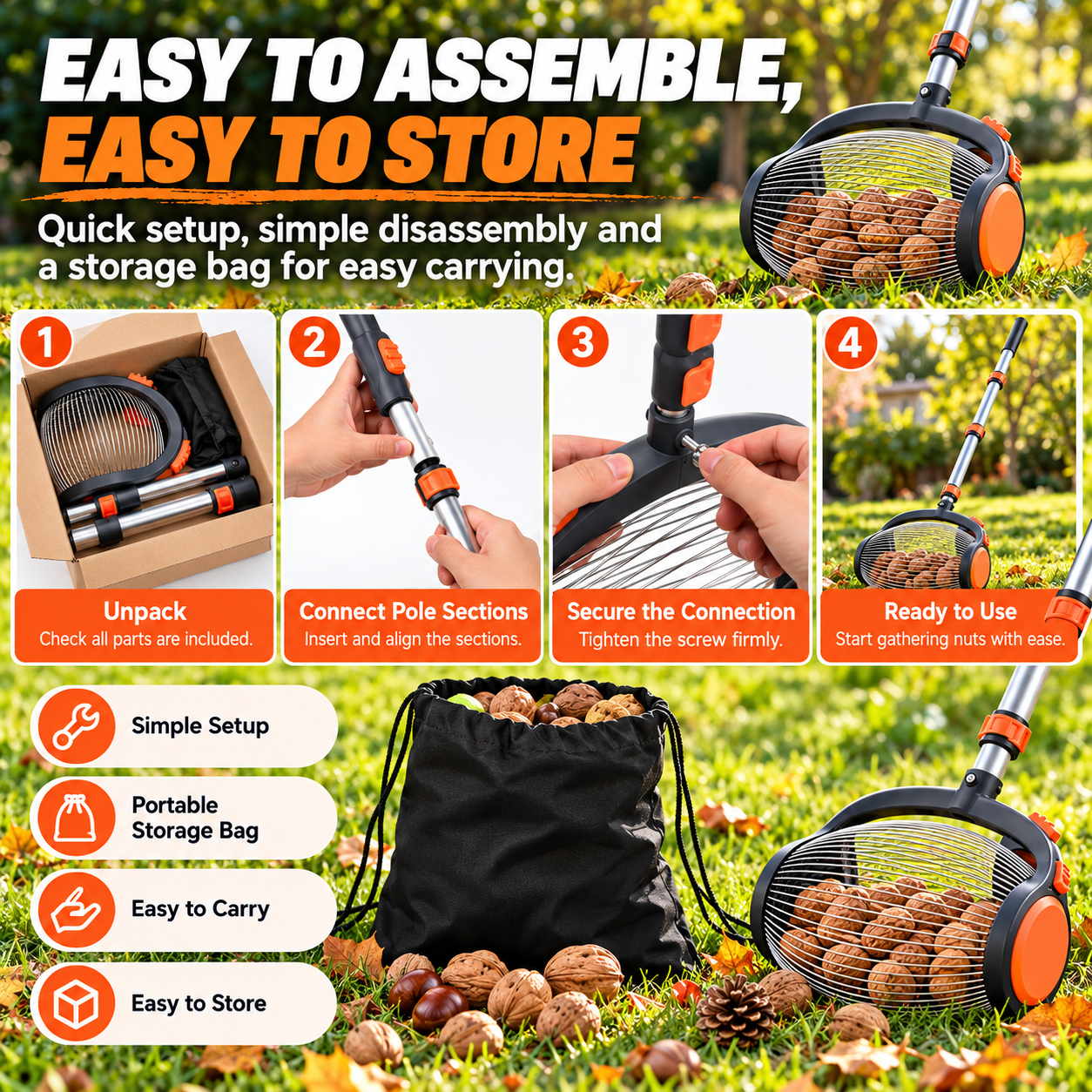 Telescoping Nut Gatherer with Foot-Operated Release